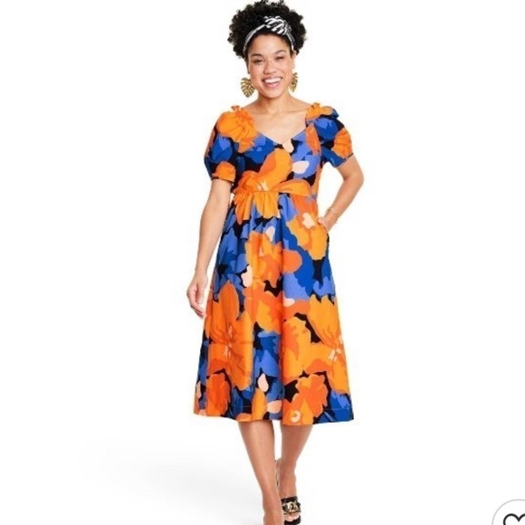 TABITHA Brown Target Puff Sleeve Tie Back Floral Midi Dress Blue Orange NWT - Picture 1 of 10